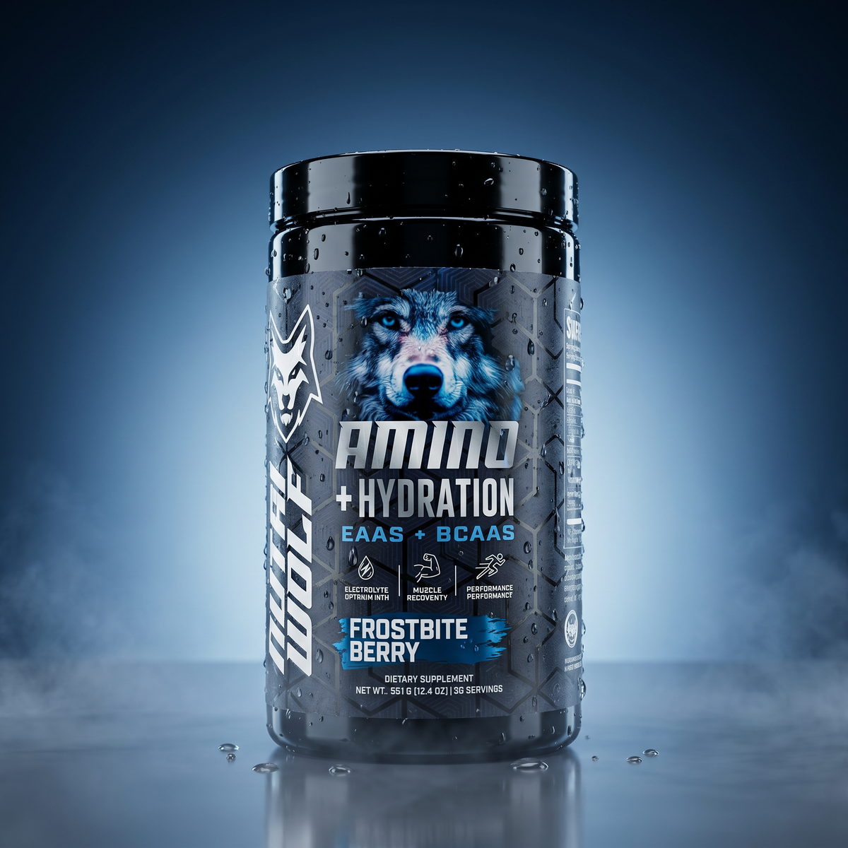 NutriWolf AMMO Amino + Hydration EAA and BCAA powder tub in Frostbite Berry flavor, 30 servings